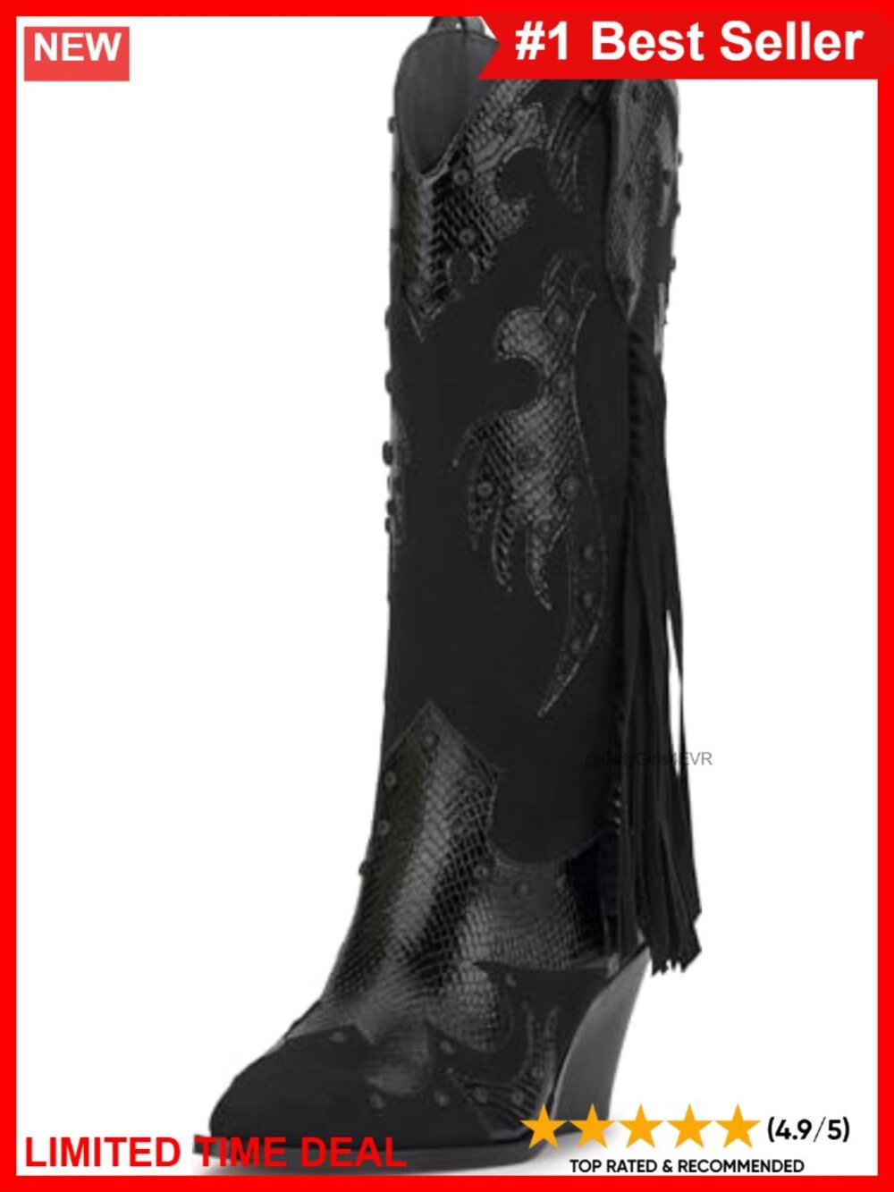 Faux Leather Western Fringe Knee High Boots Stacked Heel Almond Toe